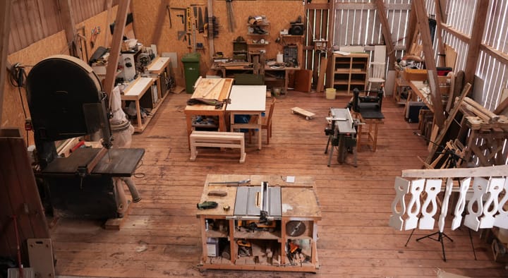 Birds-eye view of the barn woodshop